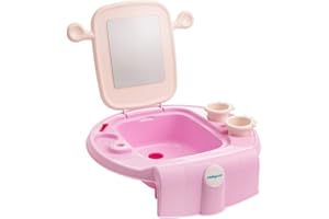 babywalz basics Kinderwaschbecken pink - mit bruchsicherem Spiegel und Ablaufstöpsel - inkl. 2 Zahnputzbechern - leichte Montage - 39(L) x 13(B) x 40(H) cm - ab 12 Monaten