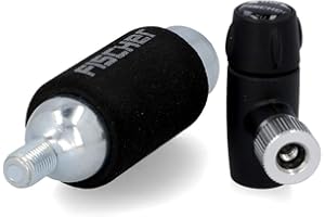 ‎FISCHER FISCHER Fahrrad CO2 Luftpumpe und Kartusche, passend für alle Ventile (AV, DV, SV), Schwarz, mit Dosierhebel