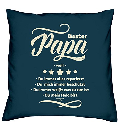 Bester Papa weil :: Geschenk-Set: Kissen inkl. Füllung plus Urkunde Persönliche Geschenkidee für Weihnachten Geburtstag Valentinstag Vatertag Farbe:navy-blau