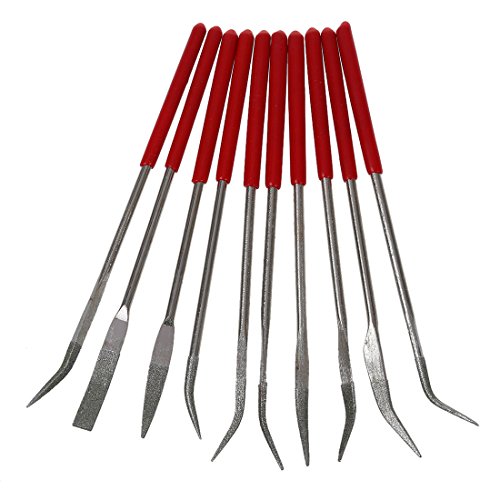 SODIAL(R) 10 Stueck 160 x 4 mm Diamant Roter Griff Gebogen Nadelfeilen
