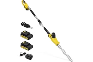 Cordless Pole Hedge Trimmer, PHIWOS 2.0Ah Battery and Charger Include – Electric Hedge Cutter with Telescopic Extendable Reach – Dual Action Blades, 90º Adjustable Trimmer (2Batteries)