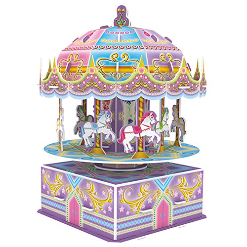 3D Whirligig Jigsaw Puzzles for Children, Carousel Horse Puzzle with Music DIY Building Model Early Learning Educational Toys Brain Teasers Kids Girls Toys Birthday Gift-29 Pcs