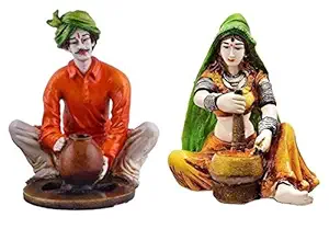 Karigari Home Decor Beautiful Hand Carved Rajasthani Lady Making Red Chilli Powder Polyresin Showpiece for Hall, Drawing Room, Home Decoration