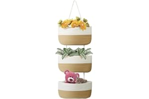 Kalakriti Over the Door Hanging Basket| 3-Tier Woven Cotton Wall-Mounted Storage Organizer Bag| Decorative Kitchen Baskets| Back of Door Storage| Small Planter (Beige-White)