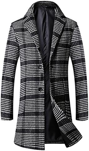 WENJUN Men's Woolen Coat Long Plaid Youth Single-breasted Jacket Men 2 Colors Available ( Color : Small black grid , Size : XXXL )