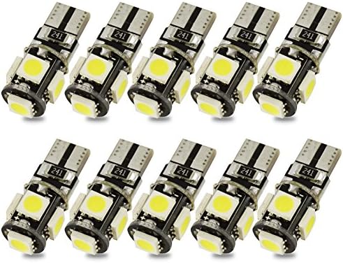 Kashine T10 W5W LED Light Bulbs White 194 168 501 Super Bright 5 SMD 5050 Wedge LED Car Lights Source Replacement Bulbs Side Map Interior Lamps (Pack of 10)