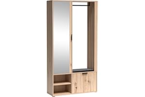MINIO GO FOR IT MINIO - Hallway Wardrobe Set 100 cm Wide with Mirror and Seat Cushion, Coat Rack with Shoe Storage Milo, Hallway Wardrobe for Clothes, Coat Stand with Storage - Artisan Oak