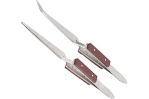 HEEPDD Juego de 2 Pinzas para Soldar, Pinzas de Bloqueo Rectas y Dobladas de Acero Inoxidable con Mango de Madera para Reparación de Joyería