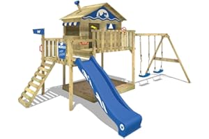 WICKEY Aire de Jeux Smart Coast portique en Bois avec balançoire et Toboggan Bleu, Tour d'escalade pour Enfants avec bac à Sable, échelle et Accessoires de Jeu pour Le Jardin.