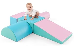 COSTWAY 5 Pieces Baby Climb and Crawl Foam Play Set, Colorful Children's Educational Software Activity Toys, Soft Climbing Blocks for Toddlers, Preschoolers (Green+Pink)