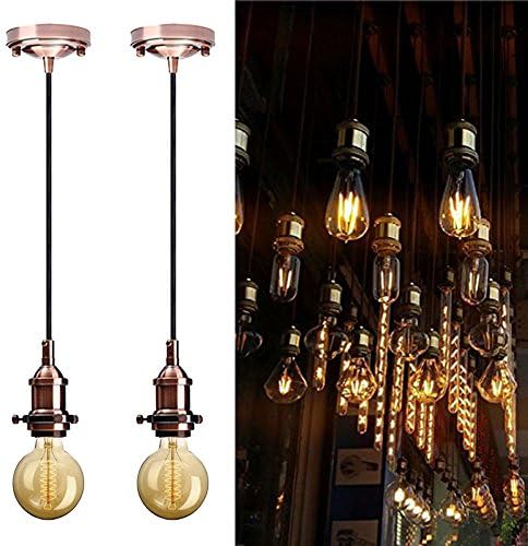 Retro Edison Pendant Light Socket with Iron Lampshade Holder, Jeffrien Vintage Hanging Cord 53 inch E27 Pendant Lamp Base Lighting Fixture, Rose Gold, 2 pcs