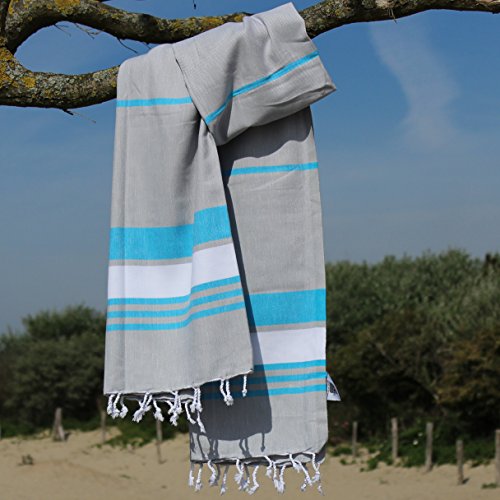 ANATURE Ocean – Light Grey/Turqoise – 100% Baumwolle – OEKO-TEX Standard 100 Certificat – Prewashed – super sanft – direkte Nutzung – Hamamtuch – Badetuch – Handtuch Backpacker – Strandtuch – Saunatuch – Babytuch – Turkish Towel – Pestemal – Fouta - 3