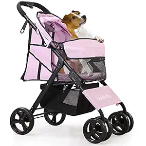 Pet Stroller for Cat Dog - 4 Wheels Foldable Traveling Lightweight Animal Gear Carriage for Small Medium Size Dogs & Cats Rabbit with Storage Basket