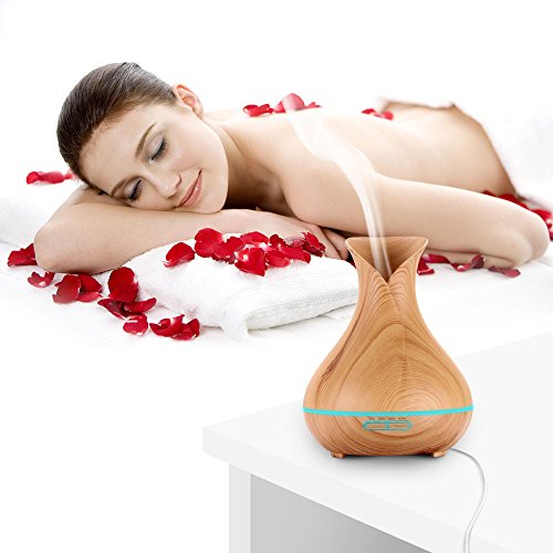 Aroma Diffuser, 400ml Ultraschall Öl Diffusor Holzmaserung Luftbefeuchter Raumbefeuchter Humidifier mit Kalten Nebel Abschaltautomatik LED Farbwechsel (Vase) - 6