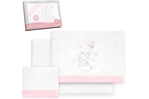 Interbaby - Juego Sabanas Cuna 60x120 Algodon 100% | Sabana Cuna Franela, Cálida, Suave | Incluye Sabana Bajera, Encimera y Funda de Almohada | Ideal para Invierno | Elefante Globo Corazón Blanco/Rosa