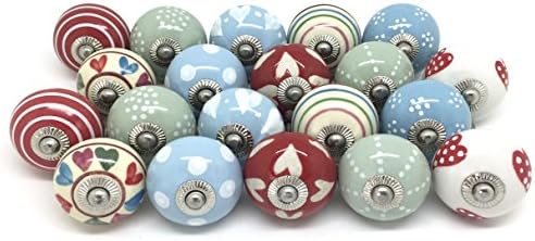 Set of 20 Mixed Sage Green Red Blue &amp; Cream Vintage Look Ceramic Cupboard Door Knobs by These Please Z43