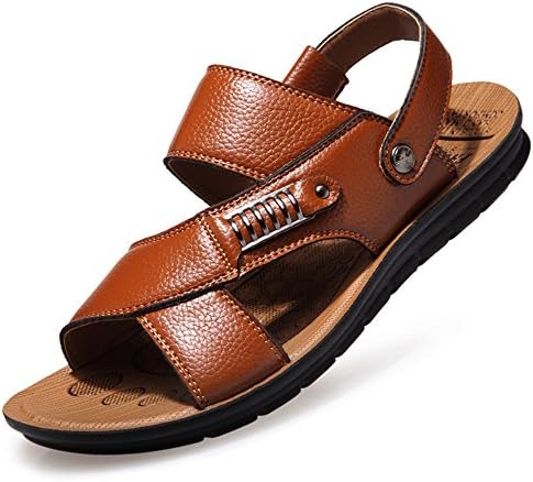 CANRO Men's Beach Shoes Leisure Pull on Sandals Leather Sandals - Khaki - 8 UK