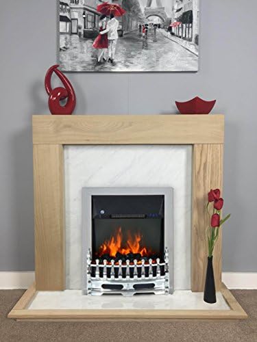 Natural Light Oak White Marble Effect Electric Fireplace Fire Surround (With Chrome Fire)