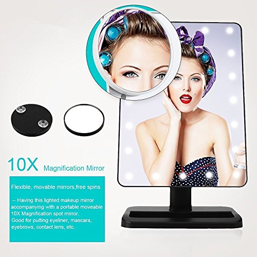 LED Makeup Spiegel mit 20 dimmbaren LED, Touch Screen Dimmen Eitelkeitsspiegel, Beleuchteter Kosmetikspiegel mit Abnehmbarem 10X Vergrößerungsfleck, Bidirektionierter Drehbarer LED Spiegel für Rasieren, Ankleiden, Tisch, Schreibtisch (Schwarz) - 3