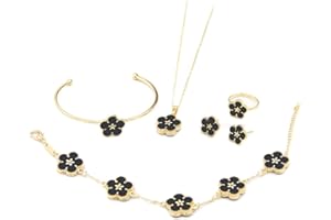 FDEETY Ensemble de Bijoux Trèfle à Quatre Feuilles, Collier en Acier Titane, Boucles D'oreilles, Bracelet, Ensemble de Bijoux en émail Délicat pour Femmes, Adolescentes