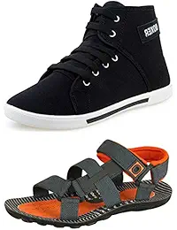 Tempo Men's Combo of Grey Orange Sandal & Black Sneaker Shoes