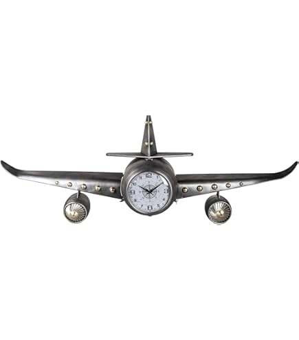 Horloge De Table Avion Métal Vintage - Déco Grise, Mécanisme Batterie, Made In France