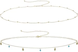 COMNICO Gold Waist Chain, 2Pcs Layered Belly Chain Adjustable Metal Link Body Chain Belt Waterproof Bikini Waist Beads Chain Dainty Satellite Beads Coin Chain Jewelry Gifts for Women