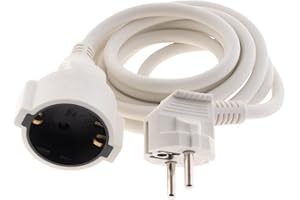 Zenitech, cable alargador Schuko HO5VV-F 3G1,5mm² 2m blanco, cable eléctrico con aislamiento reforzado para electrodomésticos, máx. potencia 3680W, voltaje 230V