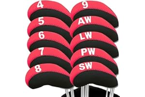 FINGER TEN Juego de 10 fundas para cabezas de hierro de golf con números impresos, con cierre de cremallera y ventana transparente, resistente al agua, duradero, portátil, color rosa, rojo, azul y negro, ajuste Nike Titleist Callaway Ping Clubs