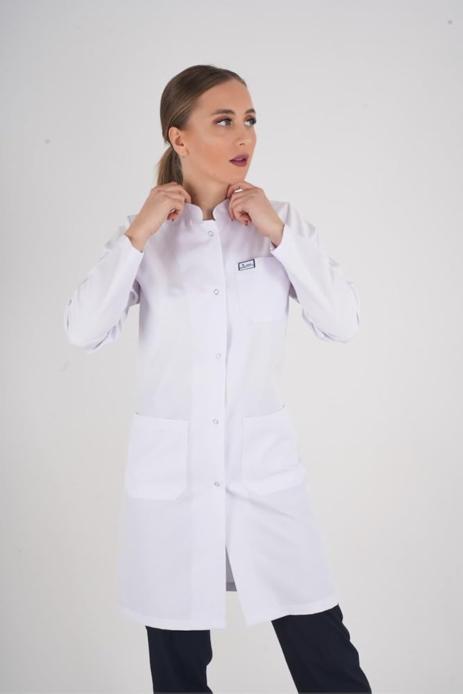 Nur Medikal Giyim Kadın Uzun Boy Hakim Yaka Uzun Kollu Alpaka Vizit Doktor Önlüğü, Beyaz, S Beden