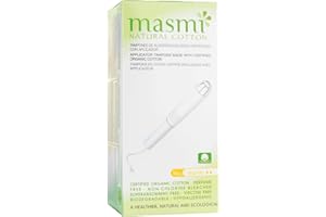 Masmi - Tampons avec Applicateurs - 100% Coton Bio - Hautement Absorbant - Certifié GOTS - Compostable & Biodégradable à plus de 95% - Flux Normal, 1 boîte de 16 tampons