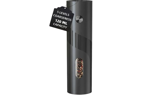Elektrisk pepparkvarn, elektrisk svart batteri salt- och pepparkvarn, 110 ml stor kapacitet, 5 nivåer justerbara med borste och visuellt fönster