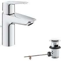 GROHE Start Edge - Wastafelmengkraan met Push-Open Afvalset, (metalen hendel, 28 mm keramische cartridge, waterbesparende mousseur 5,7 l/min, staarten 3/8 inch), maat 147 mm, QuickTool inbegrepen
