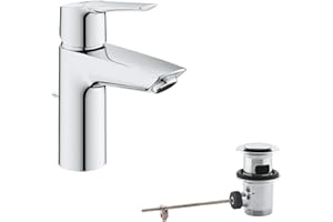 GROHE Start, Waschtischarmatur, wassersparend (Wasserhahn für das Bad, Badarmatur mit Zugstangen-Ablauf, 17cm hoch, mit 3in1 Werkzeug, einfache Installation am Waschbecken), chrom, 24209002