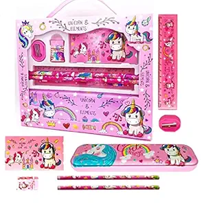 Unicorn 7pcs Stationery Kit with Reversible Sequin Pencil Eraser Sharpener Scale Unciorn Notepad and Unicorn Pouch Pencil Case Unicorn Stationery Combo with Metal Geometry Best Return Gift