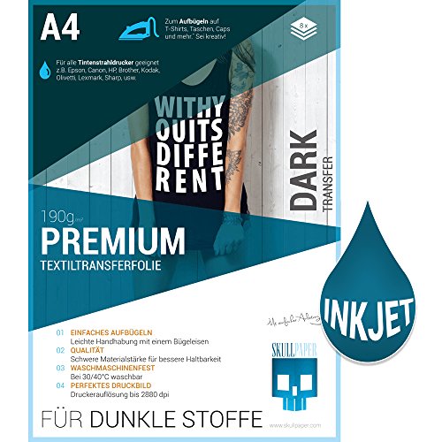 SKULLPAPER T-Shirt Textil-Transferfolie FÜR DUNKLE STOFFE Textilien DIN A4 zum aufbügeln und selbst gestalten - für Inkjet Tintenstrahldrucker (8 Blatt)