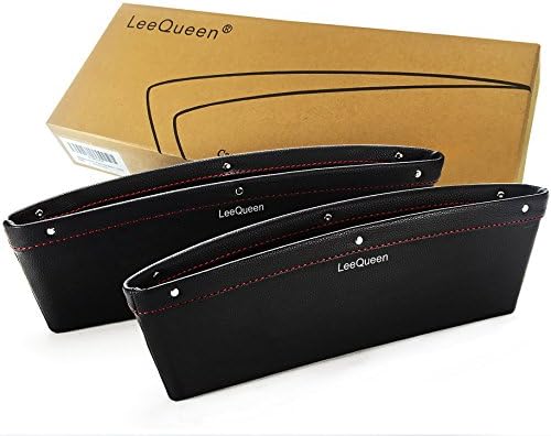 LeeQueen Car Pocket Organizer Premium PU Leather Seat Catch Caddy- Console Gap Filler- Seat Side Pocket Car Interior Accessories with 4 Velcro ( 2 packs, Black)