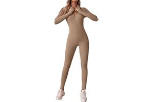 BFACCIA Romper Yoga Jumpsuit Unitards for Women One Piece Sexy Ribbed Zipper Long Sleeve Bodysuit Workout Sports Outfits Running Fitness Jumpsuit Thumb Hole Playsuit Casual Solid Color Bodycon