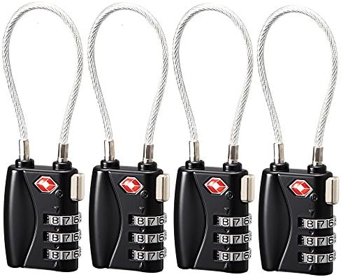 TSA Approved Luggage Lock Cable Travel Locks, Re-settable 3-Digit Combination Padlock for Backpack, Suitcases Bag School Gym Locker ( Pack of 4 )