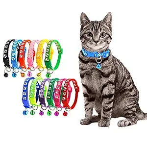 RvPaws Cat Collar Belt for Kitten with Bell Paw Print Nylon Made Adjustable Size Pet Safe Collars for Cats Rabbit (Random Color, Pack of 2)