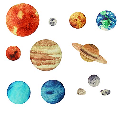 Preisvergleich Produktbild SZRWD Sonnensystem Wandsticker, 9 stücke Wandaufkleber Planeten / Leuchtende Sterne und Planeten, Glow in The Dark für Kinder Kindergarten Baby Schlafzimmer Wohnzimmer Wanddekoration(Aquarell)
