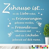 Wandschnörkel ® Wandtattoo AA095~Zuhause ist wo die Liebe wohnt, wo Erinnerungen geboren werden, wo Freunde immer willkommen sind und ein Lächeln jederzeit auf dich wartet~ Wohnzimmer Flur Schlafzimmer Wand Aufkleber Spruch Wanddekoration Farbwahl/Größenwahl