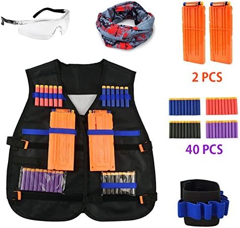 Kids Tactical Vest, Eunice house Kids Jungle Camouflage Tactical Vest Jacket Kit for Nerf Toy Gun N-Strike Elite Series Battle(40Pcs Foam Darts, 2Pcs 12-Dart Quick Reload Clips, 1Pcs 8-Dart Wrist Band, Protective Goggle Glasses &amp; Seamless Skull Face Mask)