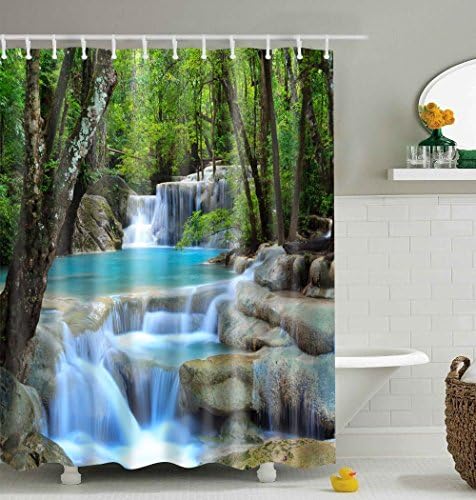Waterproof Polyester Fabric Bathroom Shower Curtain, Qile Mildew-Resistant Anti-Bacterial 3D Digital Printing Pattern Shower Curtains with 12 Ring Hooks, 180 x180cm (Natural Landscape 3D Waterfalls)