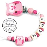 PREMIUM Schnullerkette mit Namen HOLZ Modell Eule TOTAL rosa