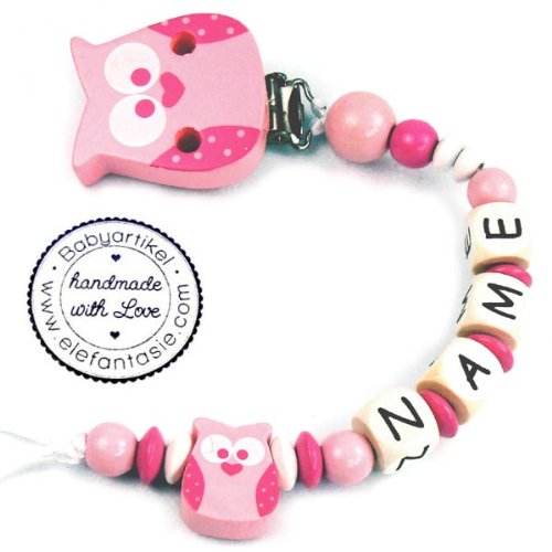 PREMIUM Schnullerkette mit Namen HOLZ Modell Eule TOTAL rosa