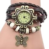 TianWlio Armbanduhren Damen Mode Retro Weave Wrap Dame Bead Butterfly Dangle Armband Armband Quarz Armbanduhr