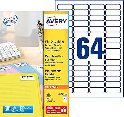 Avery 6400 Mini Etiquettes Autocollantes (64 par Feuille) - 45,7x16,9mm - Impression Laser - Blanc (L7652)