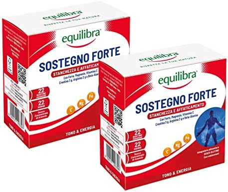 Equilibra Integratori Alimentari, Sostegno Forte, Integratore con Creatina, Arginina, Vitamine C, B1, per Incrementare le Prestazioni Fisiche, con Succo Concentrato di Arancio, 2 Pezzi da 22 Bustine