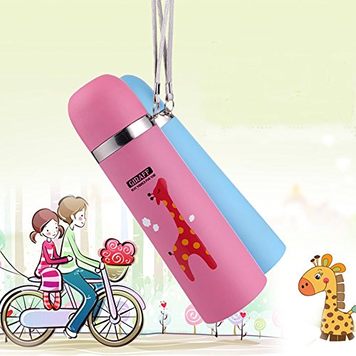 Thermoflasche 500ML Edelstahl-Thermosflasche Kinder Thermoskanne mit Becher Isolierflasche Vakuumflasche mit Reh Muster - rosa